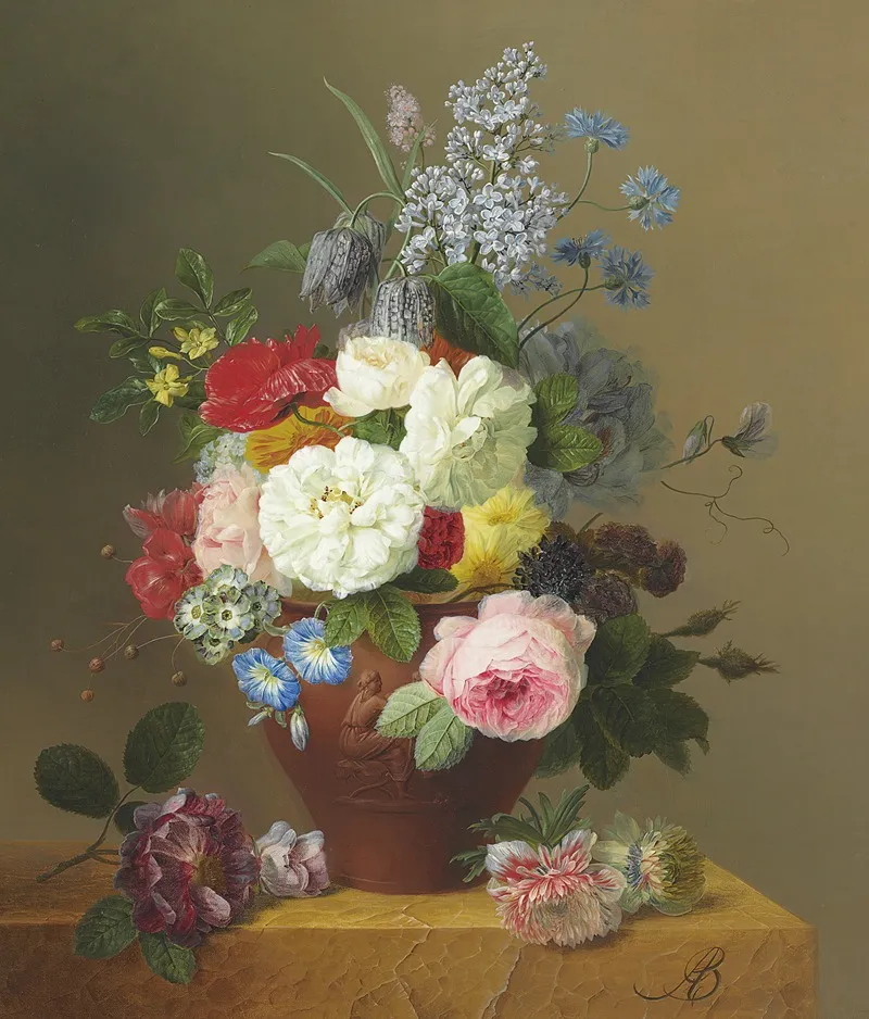 Roses Poppies Cornflowers Convulvulus Jasmine Fritilleries A Primula A Peony And Lilac In A Terracotta Vase With A Sprig Of Roses And Other Flowers On A Stone Ledge Wall Art by Arnoldus Bloemers - High-Resolution Digital Print