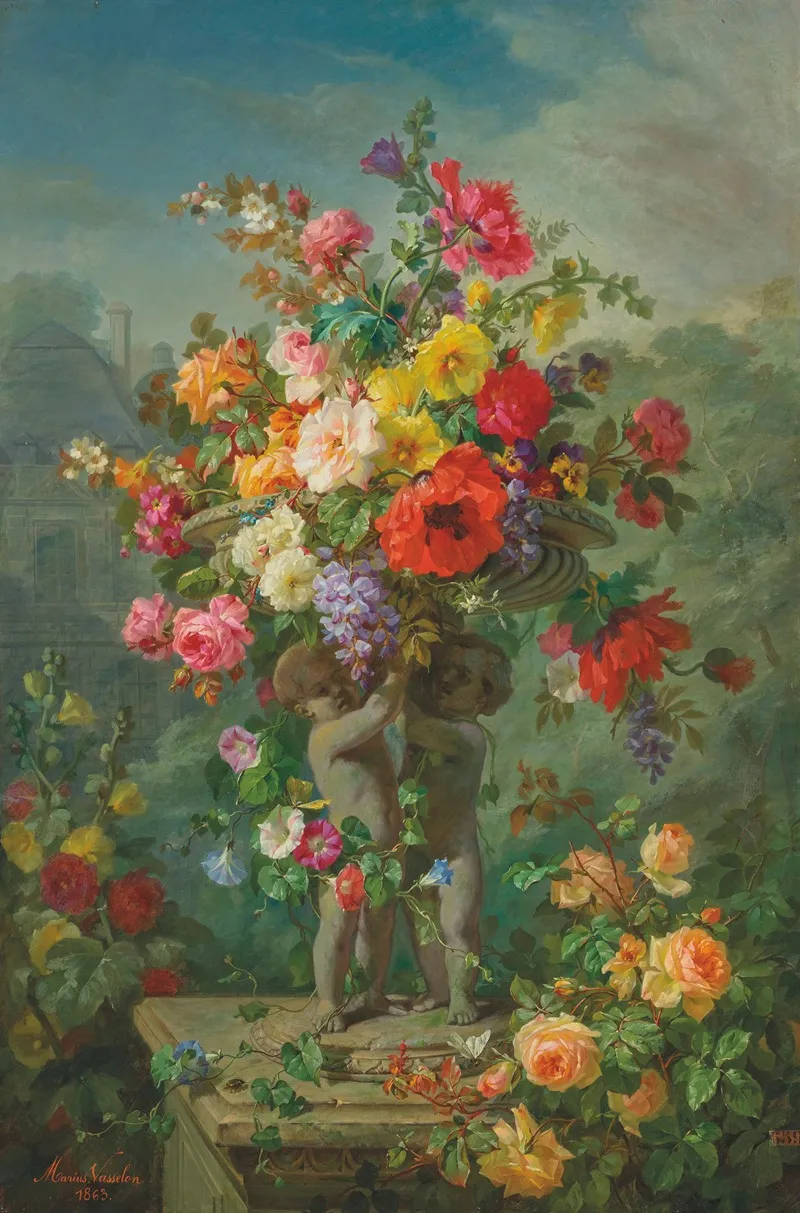 Roses Poppies Hollyhocks Pansies And Wisteria In A Stone Urn Supported By Putti On A Plinth Wall Art by Marius Vasselon - High-Resolution Digital Print