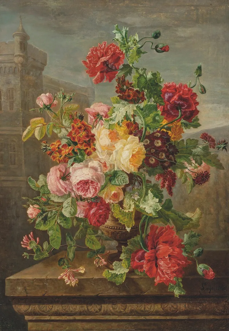 Roses Poppies Honeysuckle And Polyanthus In A Urn On A Stone Ledge Wall Art by Jean-Pierre Lays - High-Resolution Digital Print