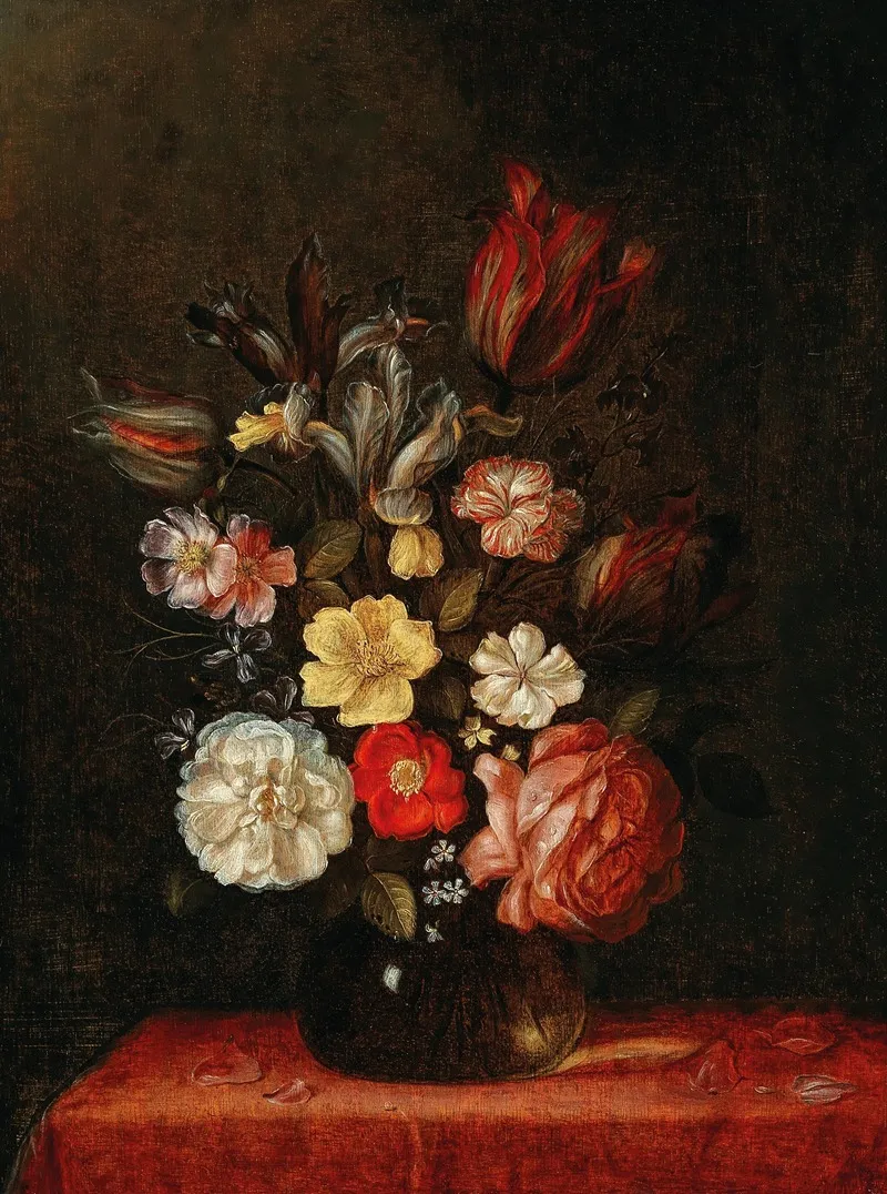 Roses Tulips And Irises In A Glass Vase Wall Art by Pieter van de Venne - High-Resolution Digital Print