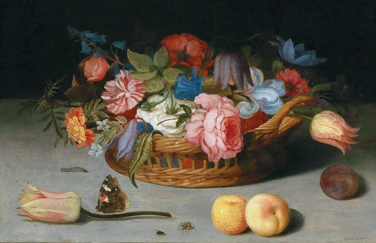 Roses Tulips Irises And Other Flowers In A Wicker Basket With Fruit And Insects On A Ledge 2 Wall Art by Balthasar van der Ast - High-Resolution Digital Print