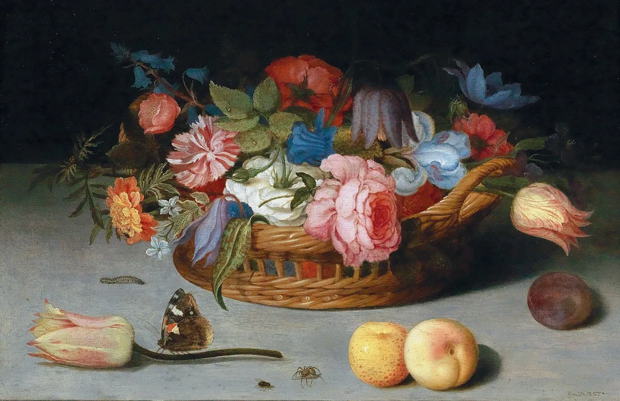 Roses Tulips Irises And Other Flowers In A Wicker Basket With Fruit And Insects On A Ledge Wall Art by Balthasar van der Ast - High-Resolution Digital Print