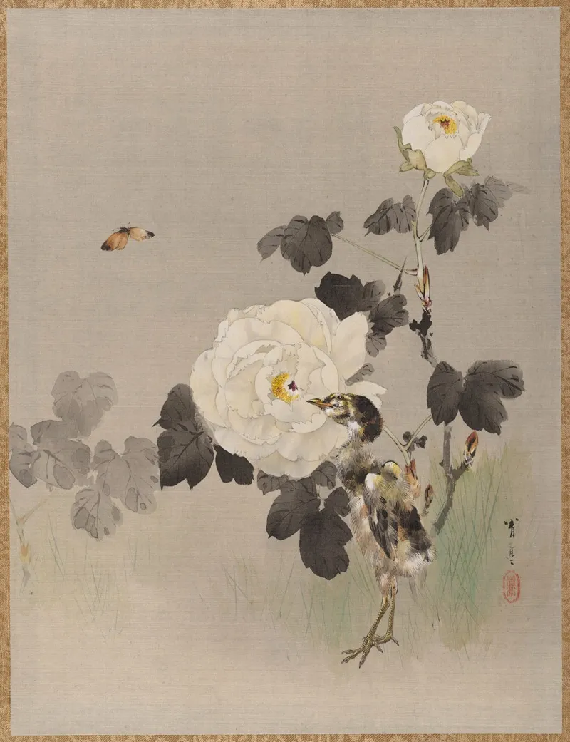 Roses Young Bird And A Butterfly