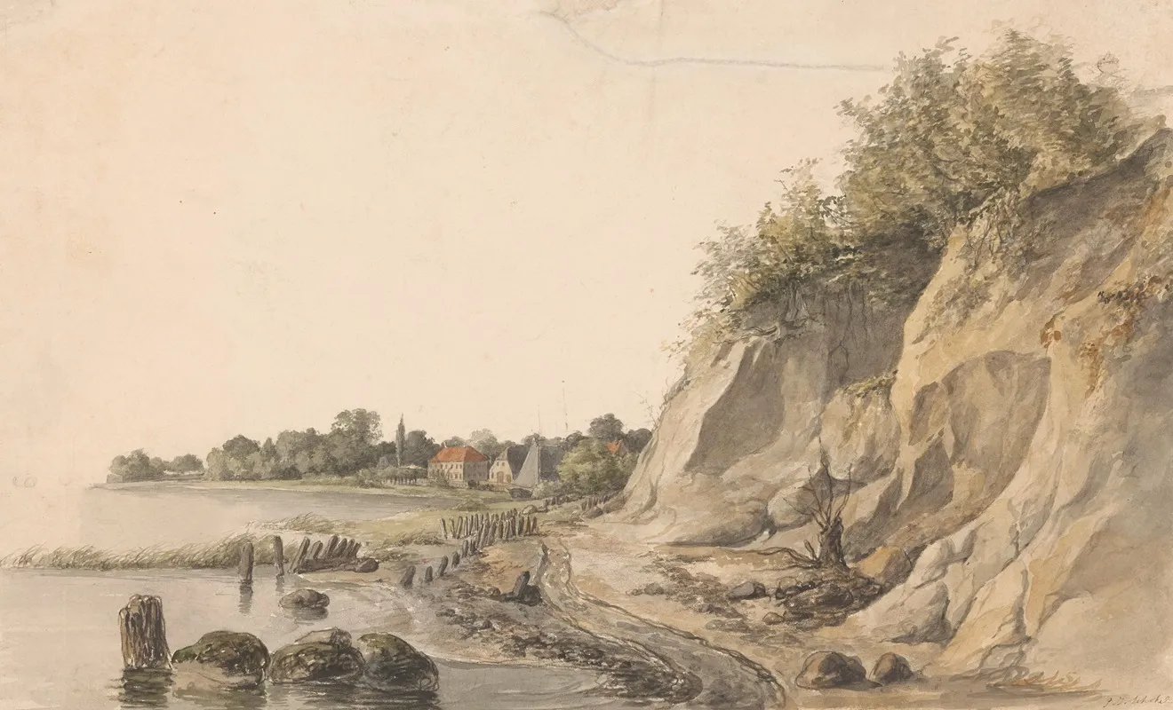 Rotsachtige Rivieroever Met Op De Achtergrond Enkele Huizen