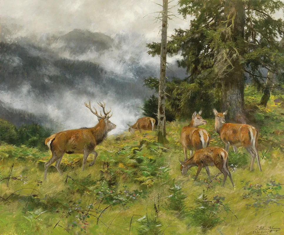 Rotwild Im Morgennebel Wall Art by Josef Schmitzberger - High-Resolution Digital Print