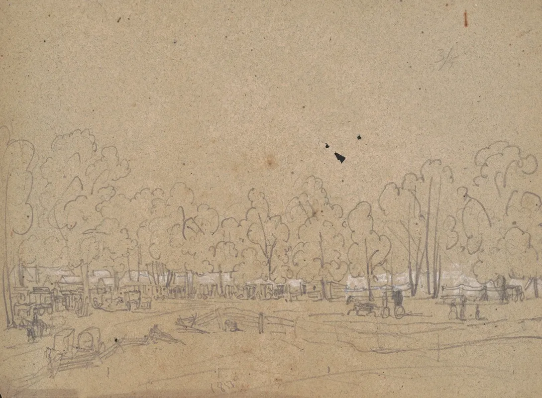 Rough Sketch Of A Gathering In The Woods With Carts And Wagons And Many Cabins Or Tents Beneath The Trees