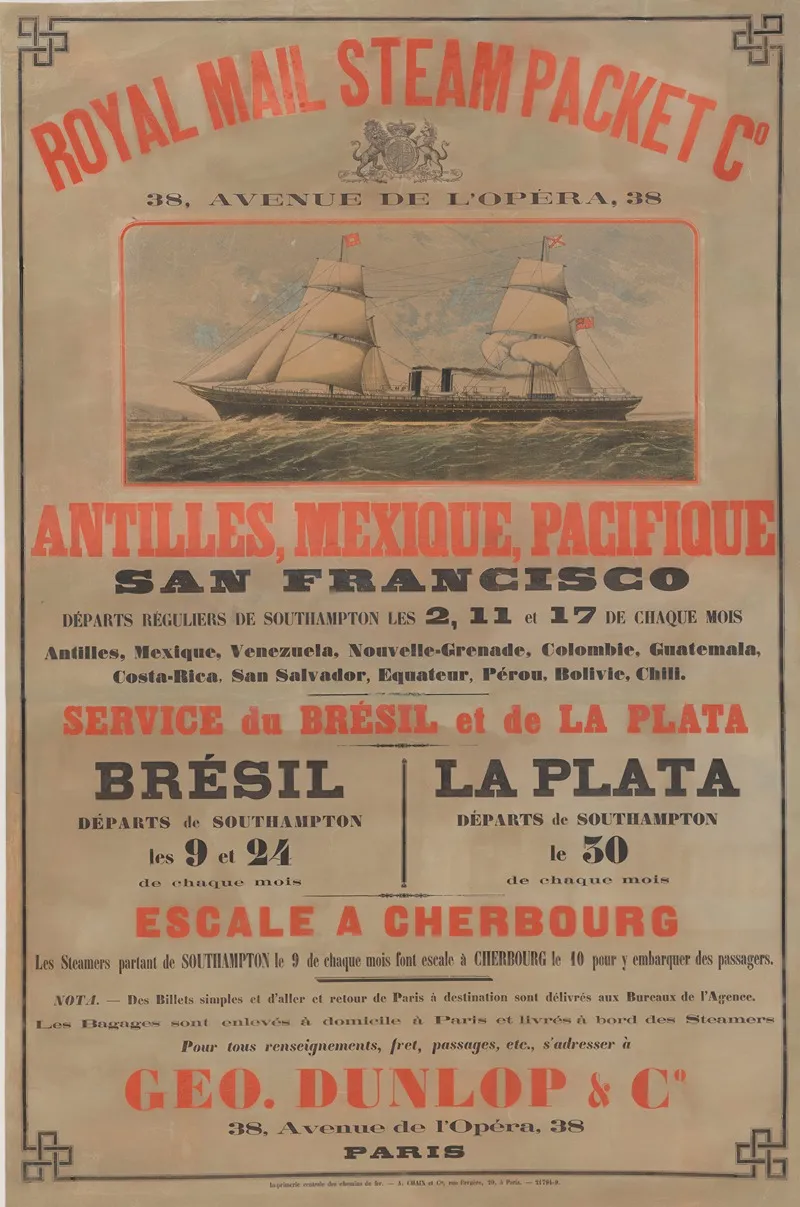 Royal Mail Steam Packet C 38 Avenue De Lopera Antilles Mexique Pacifique San Francisco Wall Art by Imp. Chaix - High-Resolution Digital Print