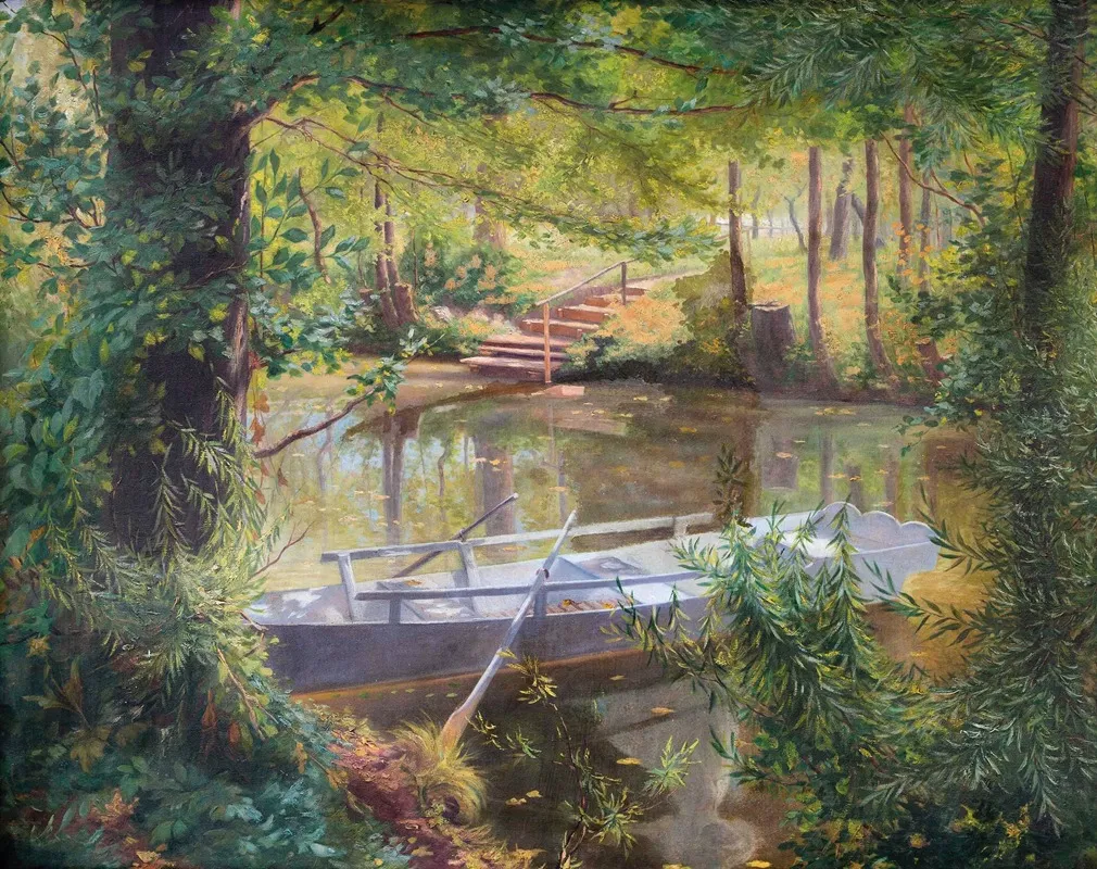 Ruderboot Am Flussufer Wall Art by Louis Uhl - High-Resolution Digital Print