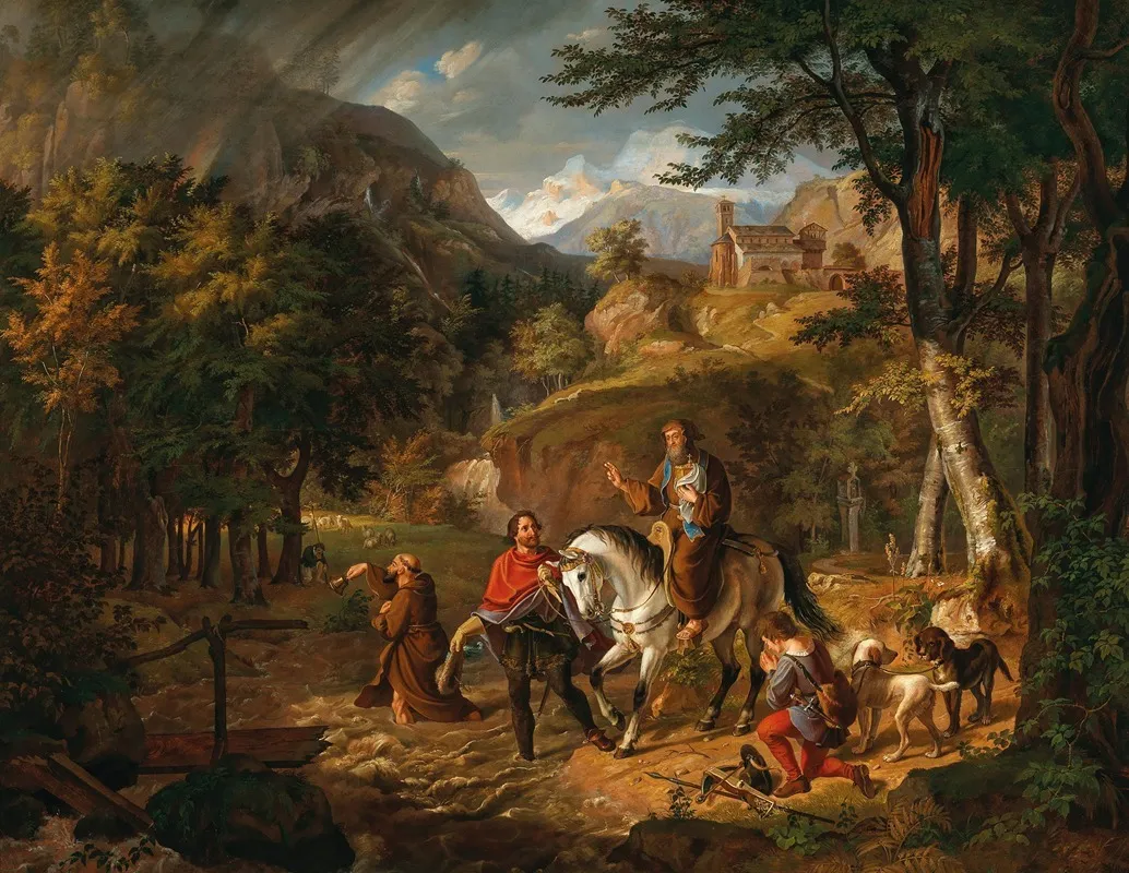 Rudolph Von Habsburg Leitet Einen Geistlichen Mit Dem Abendmahle Durch Einen Bach Wall Art by Friedrich Wilhelm Müller - High-Resolution Digital Print