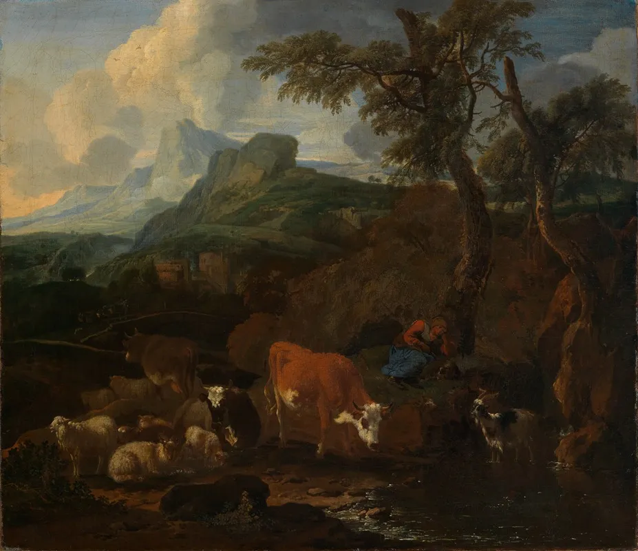 Ruhende Hirtin Mit Herde In Sudlicher Landschaft Wall Art by Michiel Carree - High-Resolution Digital Print
