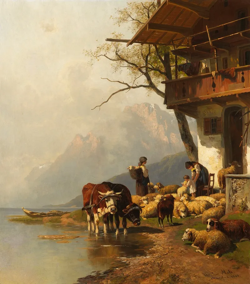 Ruhende Schafsherde Vor Dem Haus Am Bergssee