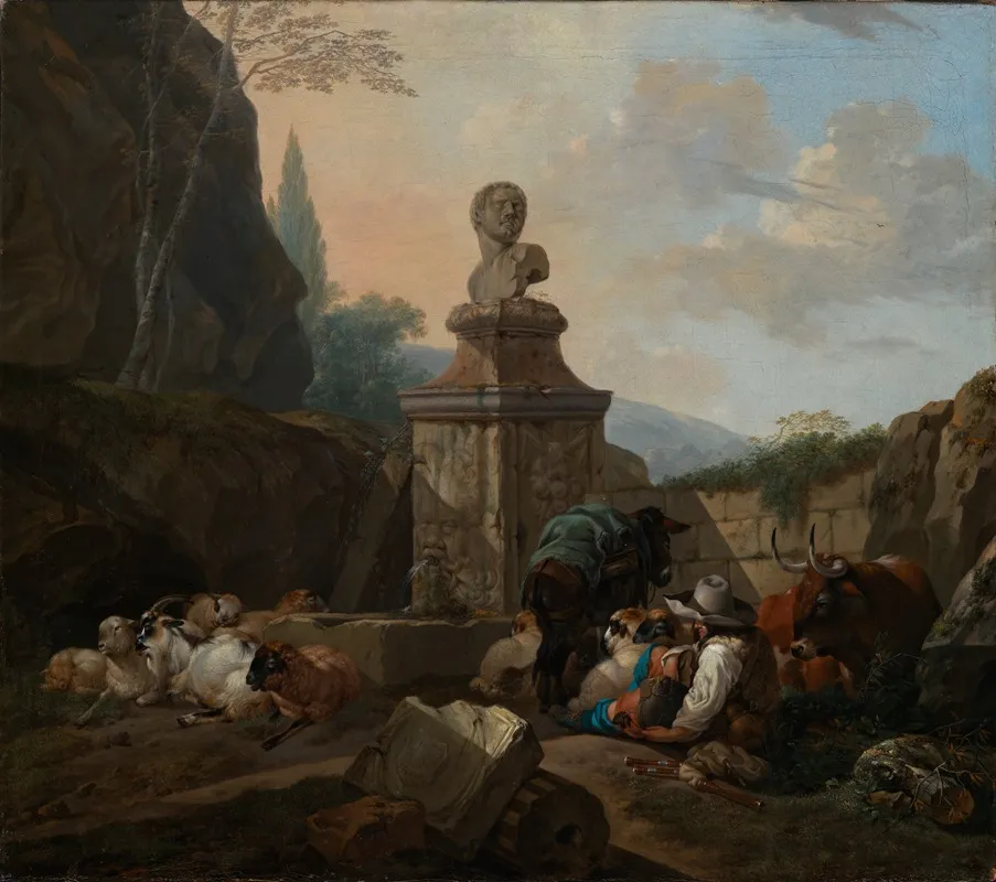 Ruhender Hirt Und Herde An Romischem Brunnen