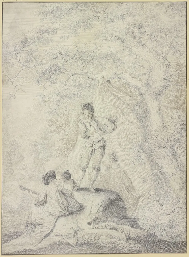 Ruhendes Paar Unter Einem Zelt An Einem Eichenbaum Links Eine Lautenspielerin Mit Zwei Jungen Frauen Der Sommer Wall Art by Johann Jacob Ebersbach - High-Resolution Digital Print