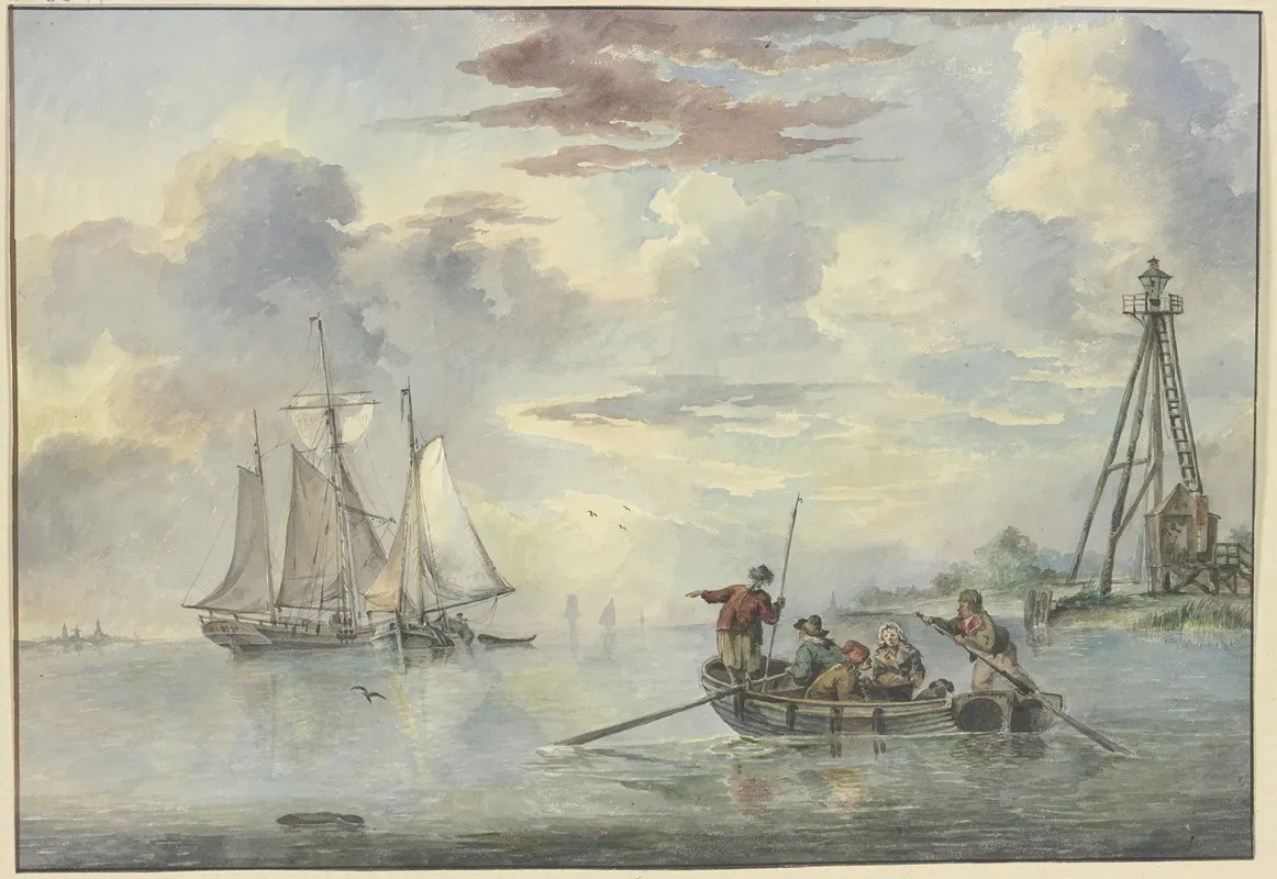Ruhige See Die Sonne Geht Auf Im Vordergrund Steuert Ein Boot Mit Mehreren Personen Zwei Schiffen Zu Rechts Am Ufer Die Laterne Wall Art by Leendert de Koningh - High-Resolution Digital Print