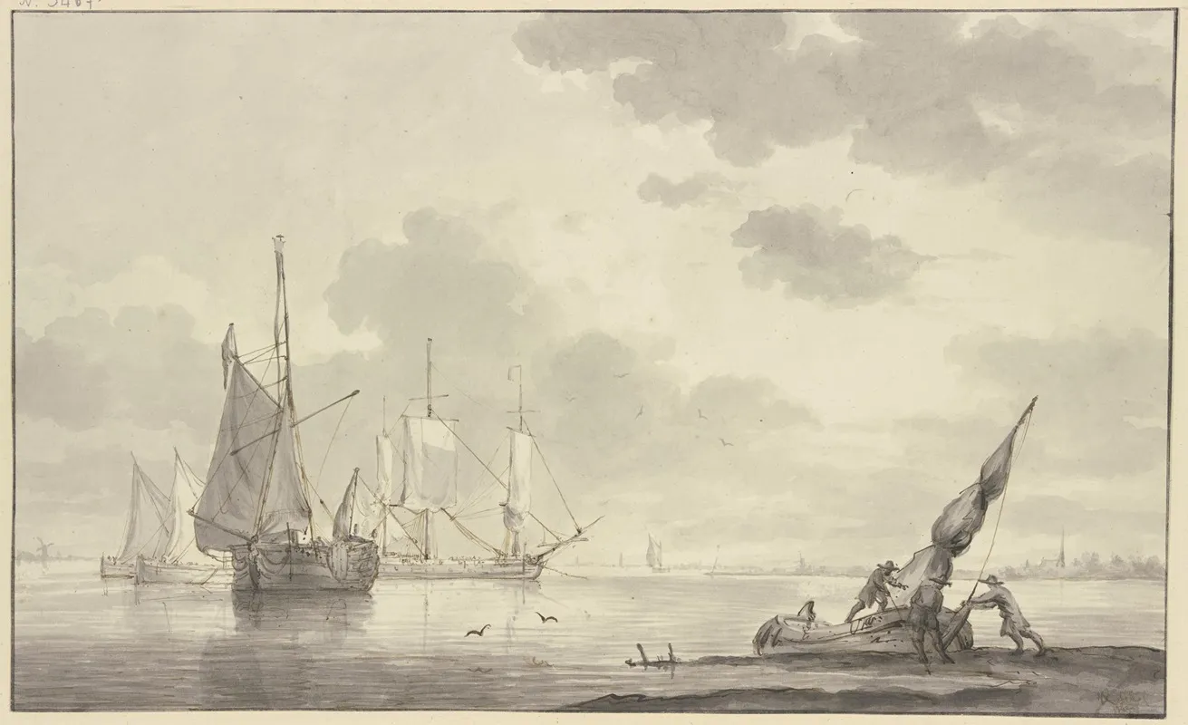 Ruhige See Links Liegen Mehrere Grose Schiffe Rechts Machen Drei Manner Ein Boot Flott Wall Art by Hendrik Kobell - High-Resolution Digital Print