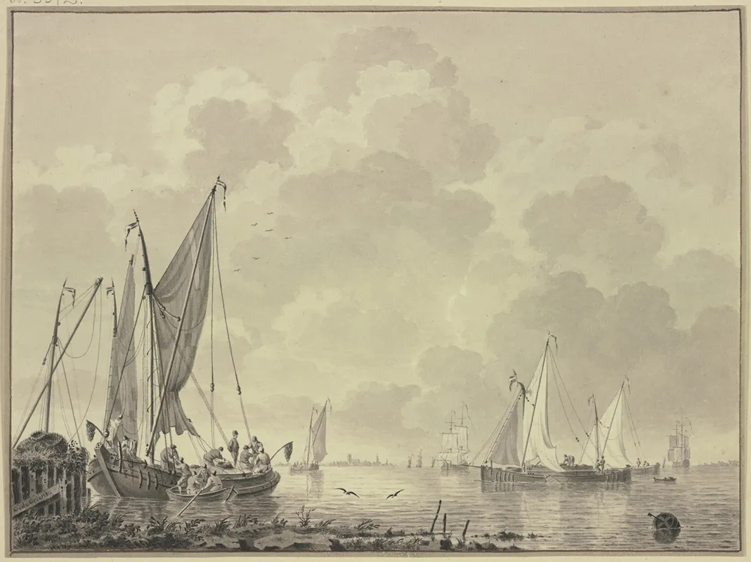 Ruhige See Mit Vielen Schiffen Links An Einem Damm Eine Barke Und Boot Rechts Eine Barke Wall Art by Cornelis de Grient - High-Resolution Digital Print