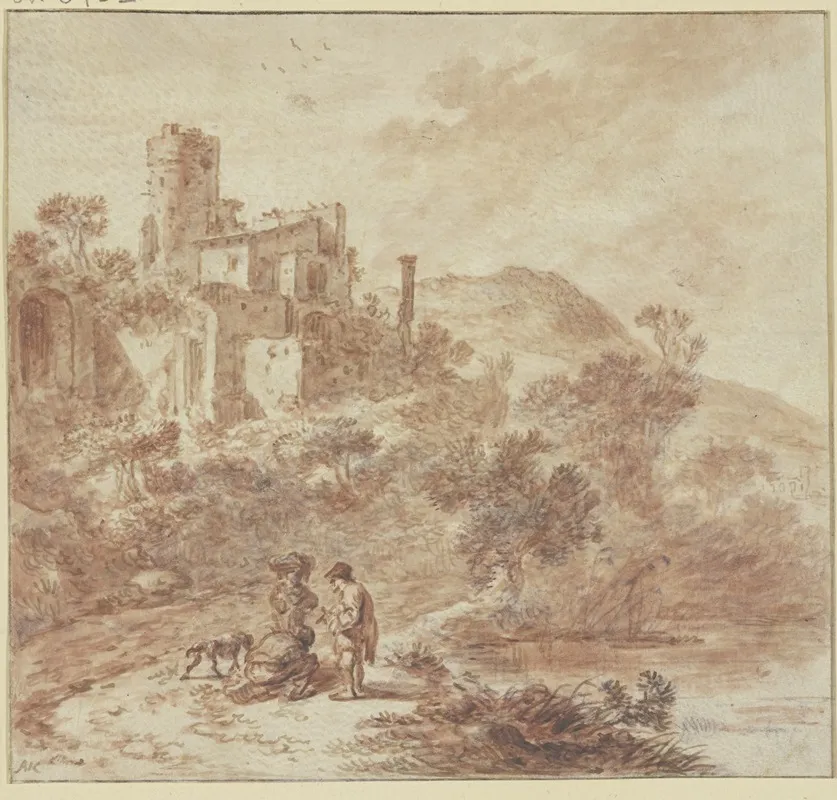 Ruine Einer Villa Vorne Am Weg Drei Leute Und Ein Hund Wall Art by Adriaen van der Cabel - High-Resolution Digital Print