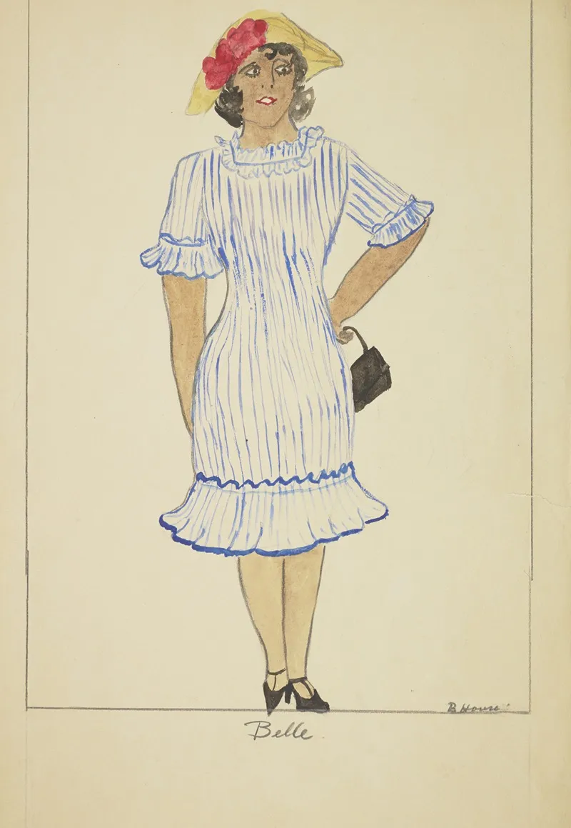 Run Little Chillun Belle White Dress With Blue Stripes Wall Art by B. House - High-Resolution Digital Print