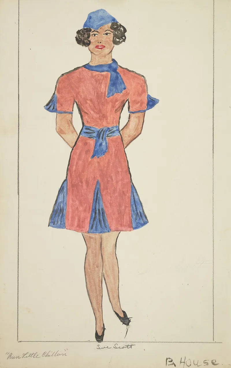 Run Little Chillun Sue Scott Short Red Dress With Blue Panels And Matching Blue Cap Wall Art by B. House - High-Resolution Digital Print