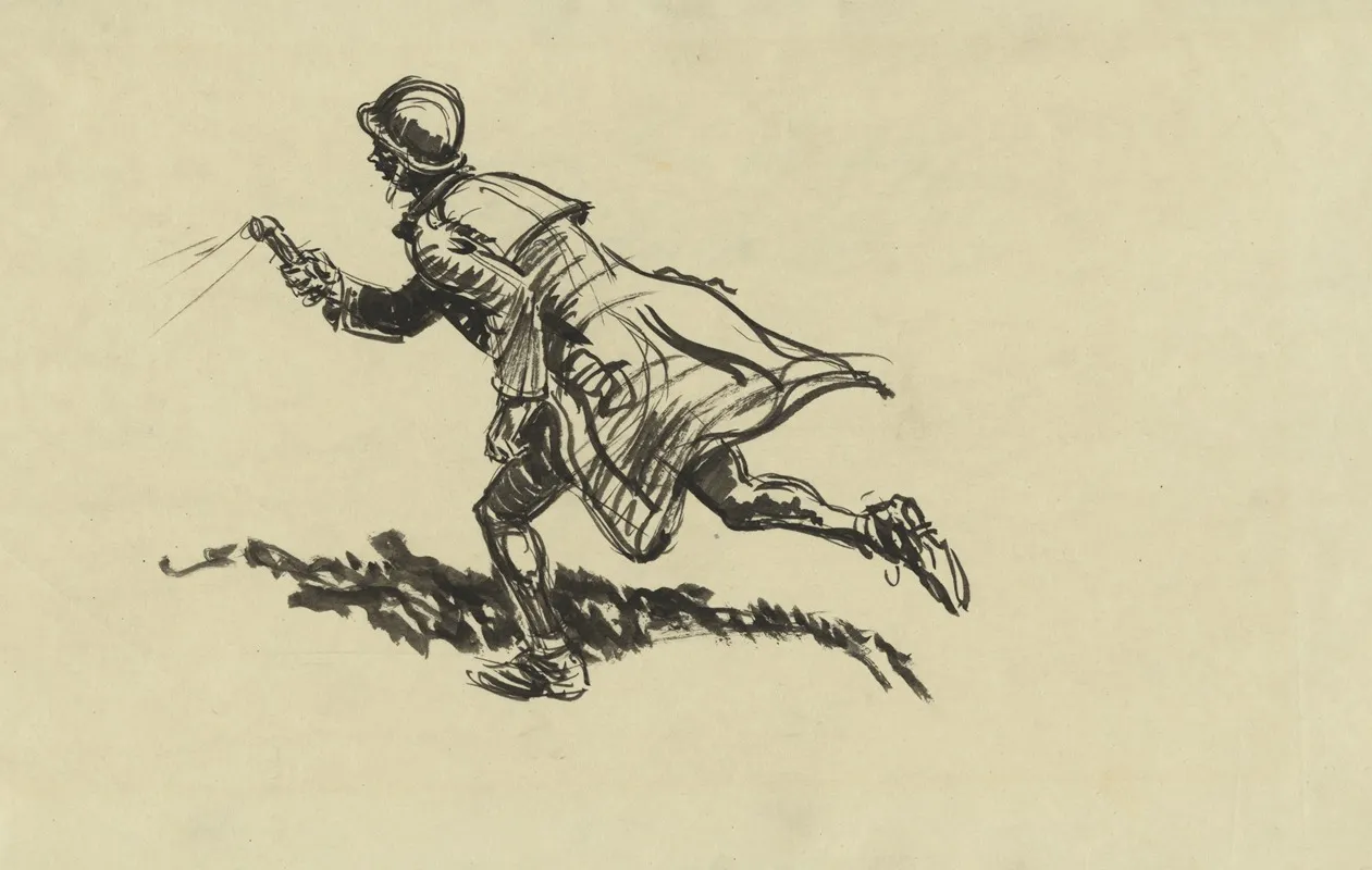 Running To A Fox Hole With Raincoat Over Nude Body Helmet And Flashlight Guadalcanal Wall Art by Howard Brodie - High-Resolution Digital Print