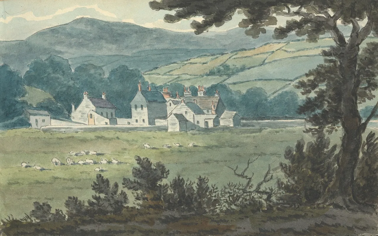 Rural Landscape Scene With Farm And Grazing Sheep