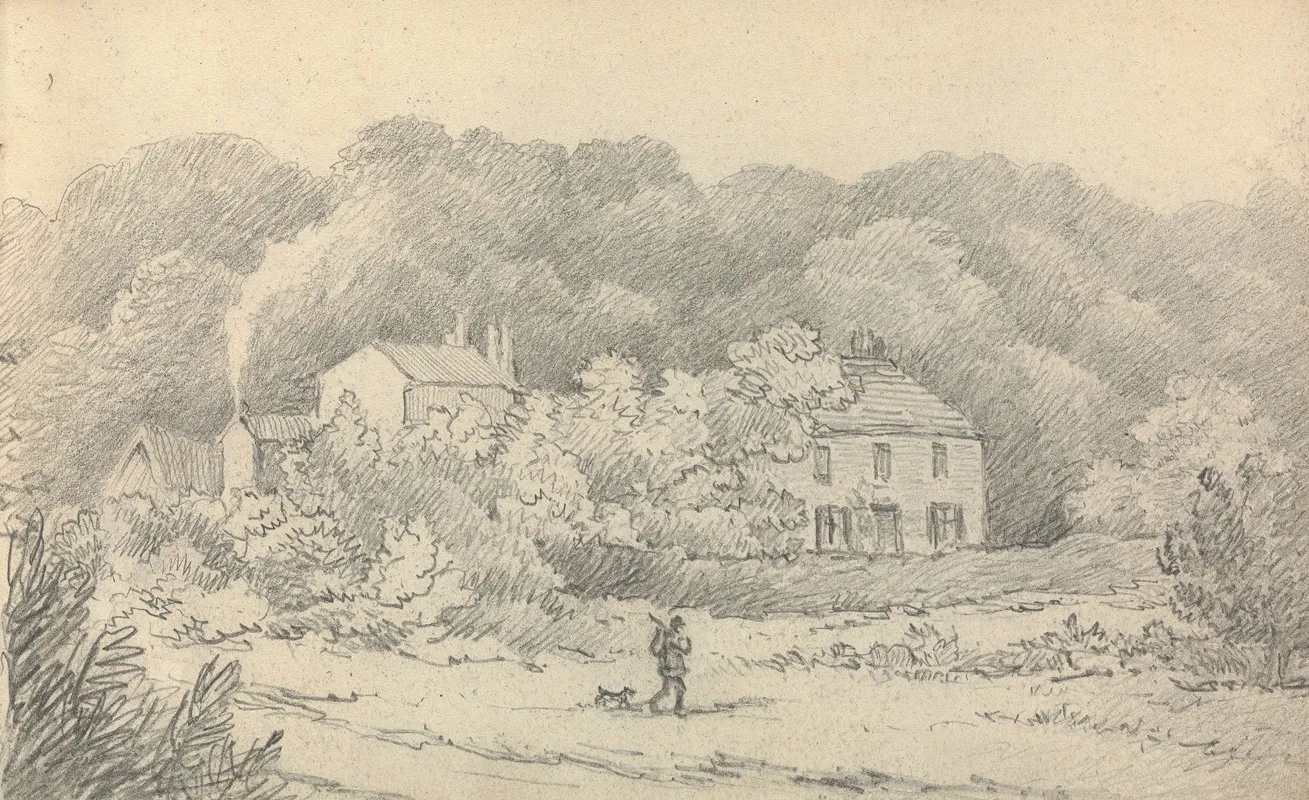 Rural Scene With Houses And A Hunter And His Dog