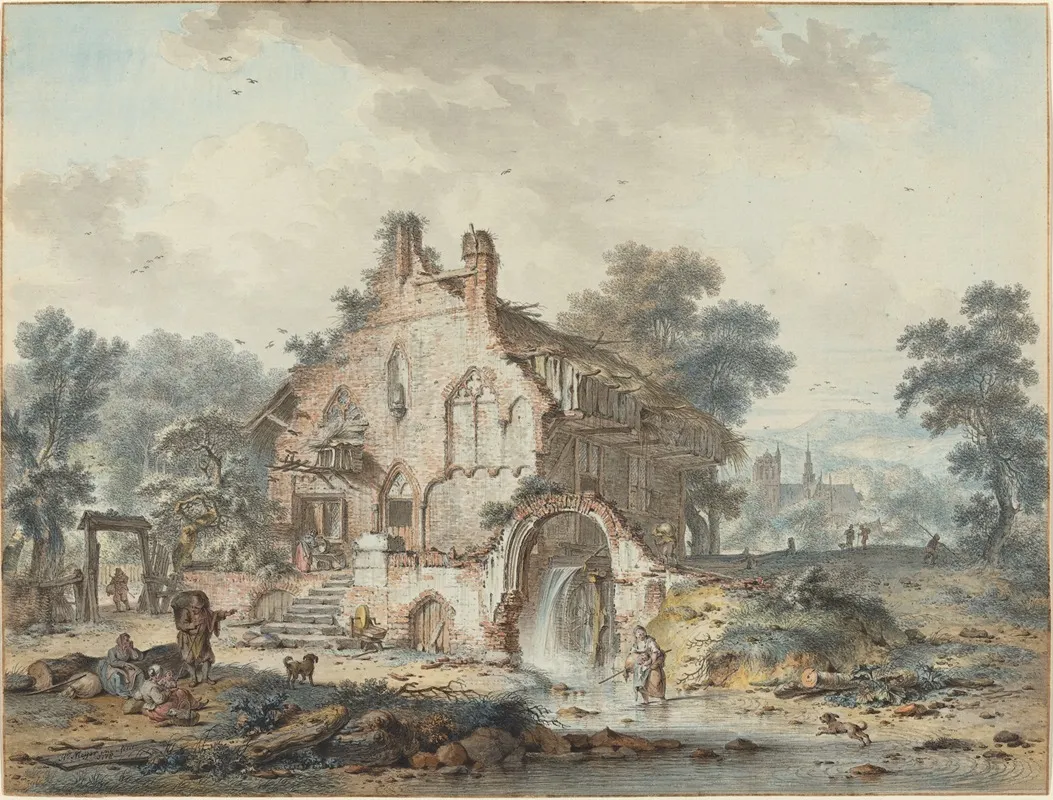Rustic Watermill In A Gothic Ruin Wall Art by Hendrik de Meyer II - High-Resolution Digital Print