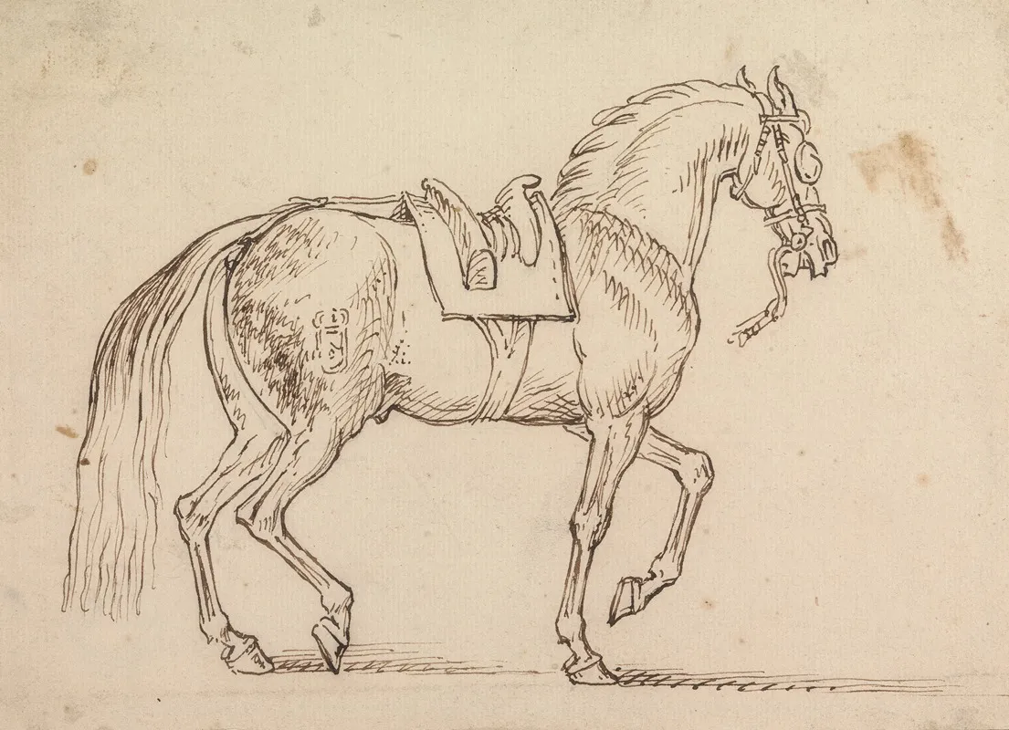 Saddled Horse With A Crest Branded On His Flank Walking To Right