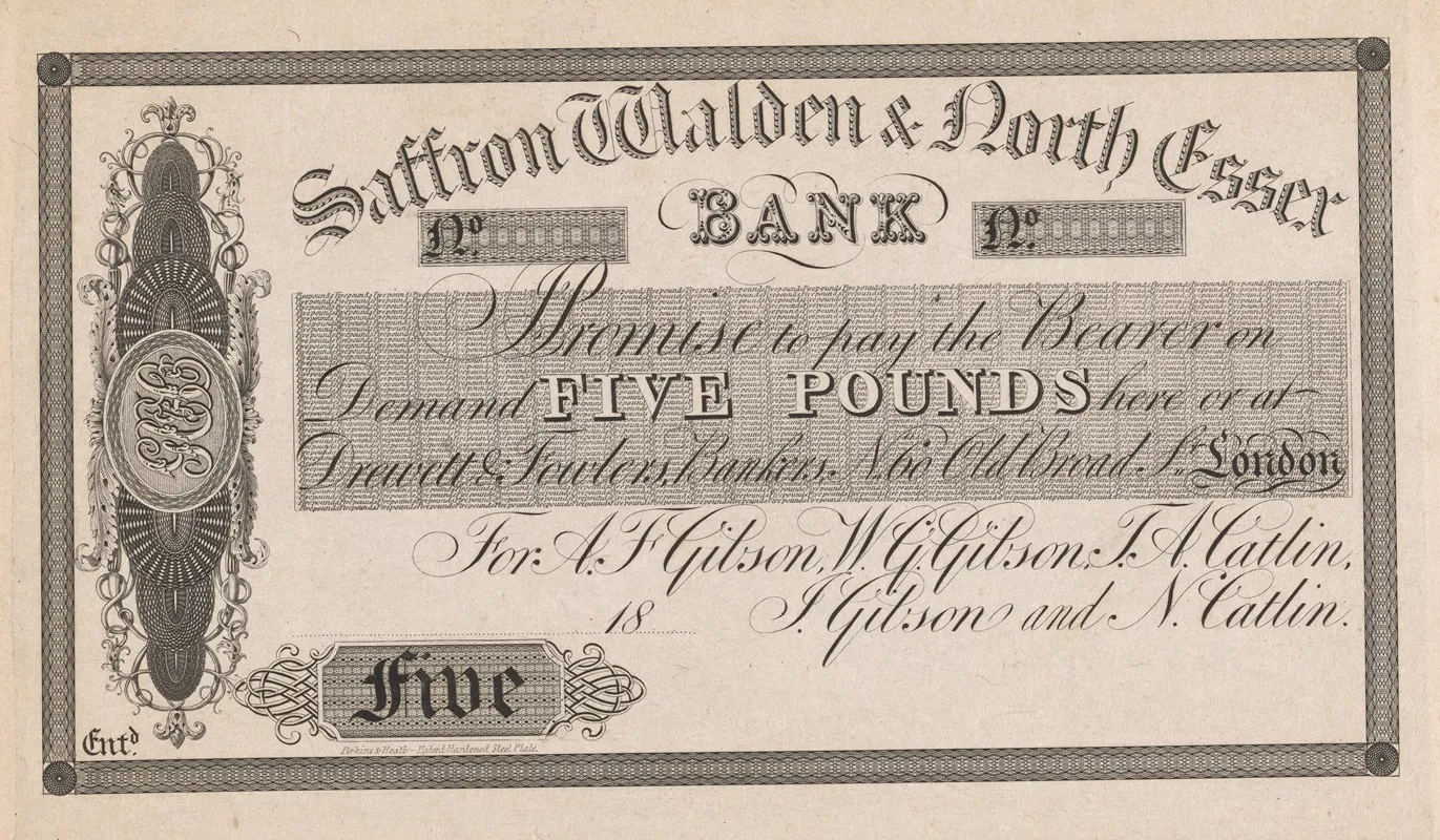 Saffron Walden North Essex Bank Five Pound Note Wall Art by Perkins &amp; Heath - High-Resolution Digital Print