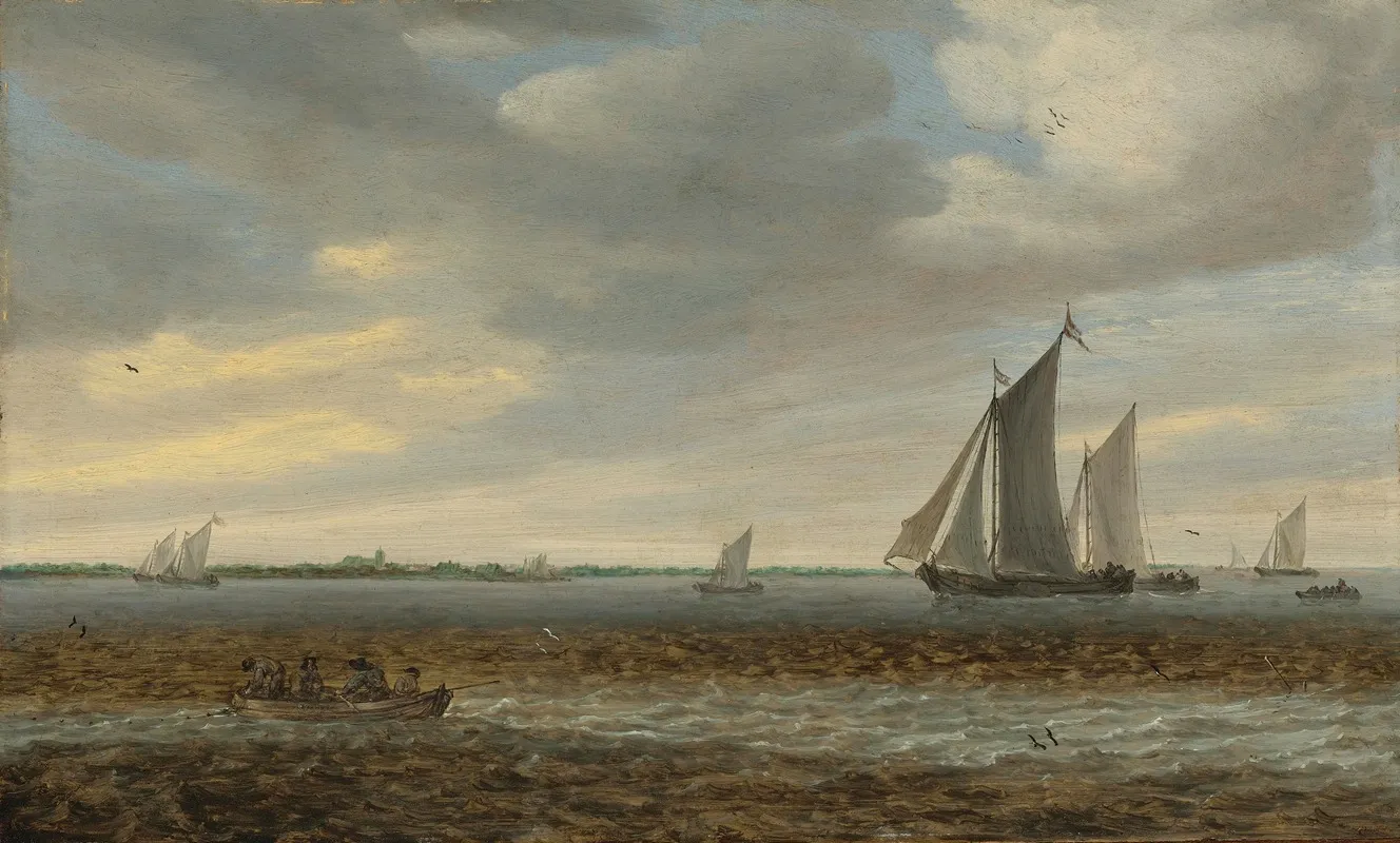 Sailboats And A Rowboat In Coastal Waters