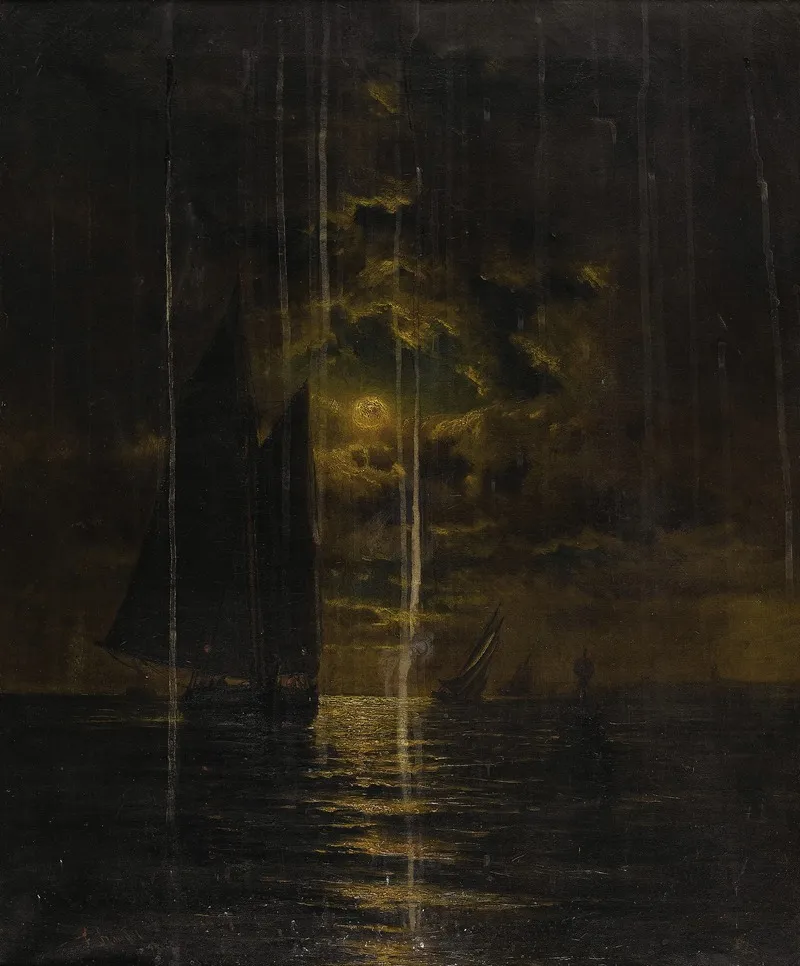 Sailboats In Moonlight Wall Art by Frederick Rondel - High-Resolution Digital Print