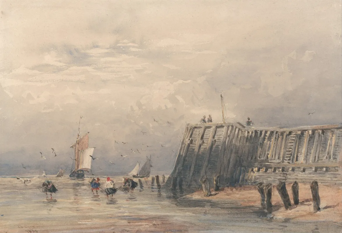 Sailing Barges And Shrimpers Off A Pier Wall Art by David Cox - High-Resolution Digital Print