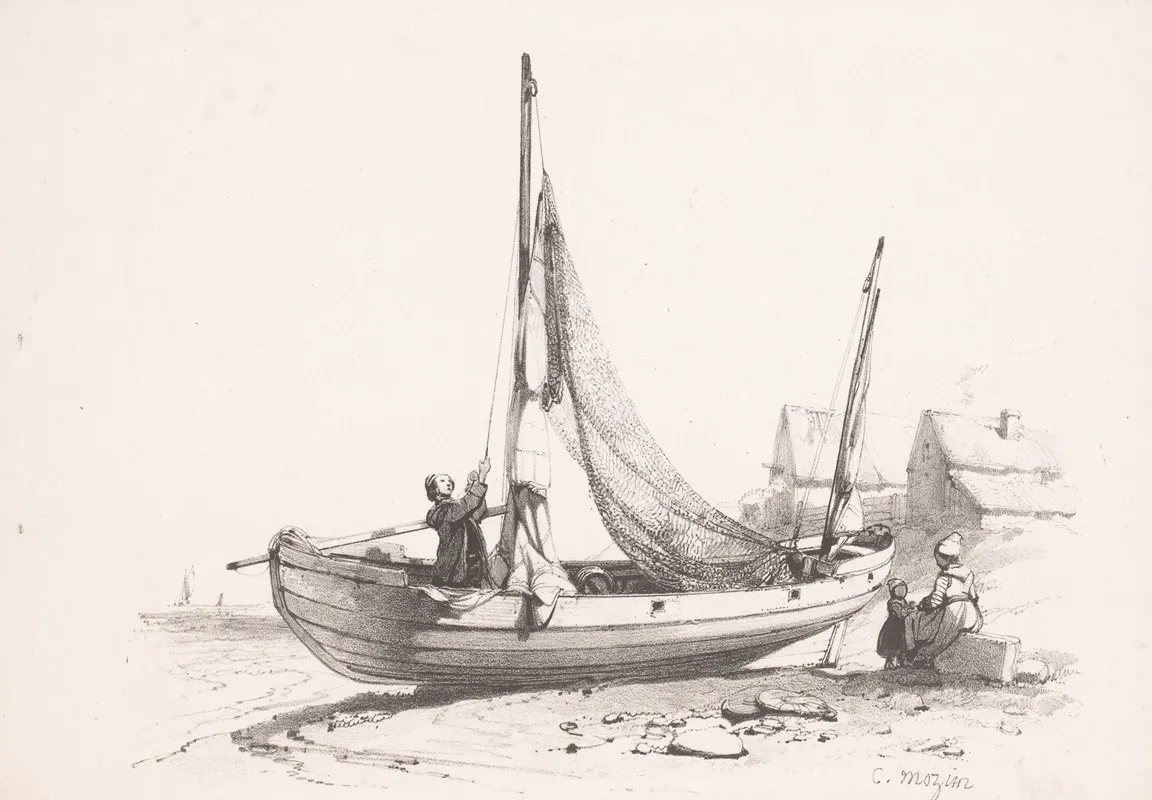 Sailing Ship On The Beach Wall Art by Charles-Louis Mozin - High-Resolution Digital Print