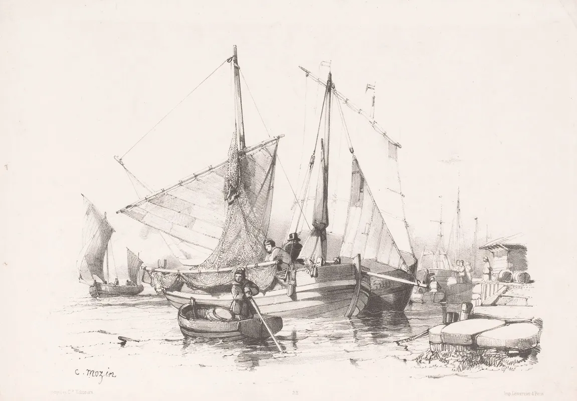 Sailing Ships And Rowboats At The Quay Wall Art by Charles-Louis Mozin - High-Resolution Digital Print