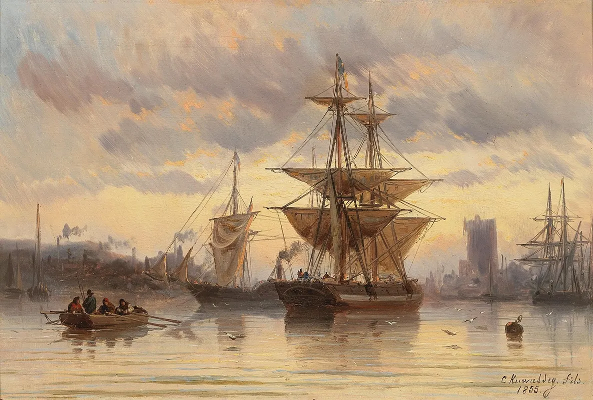 Sailing Ships In A Harbour Wall Art by Carl Joseph Kuwasseg - High-Resolution Digital Print