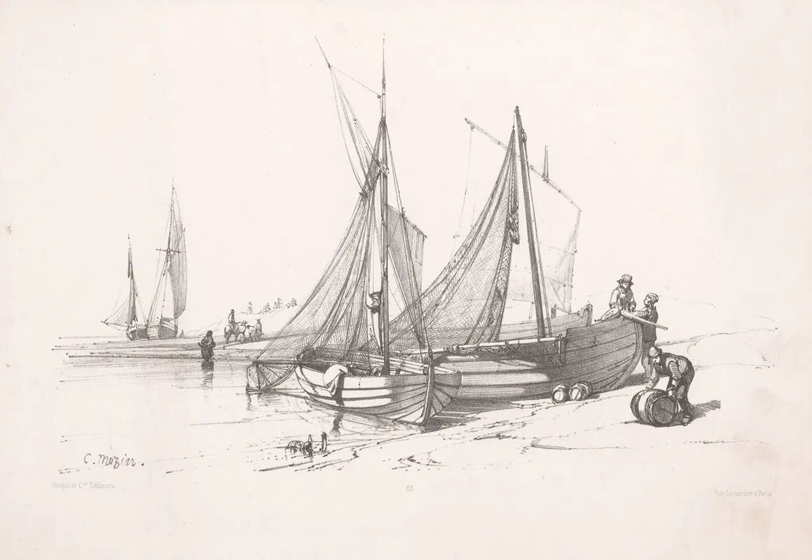 Sailing Ships On The Beach Wall Art by Charles-Louis Mozin - High-Resolution Digital Print