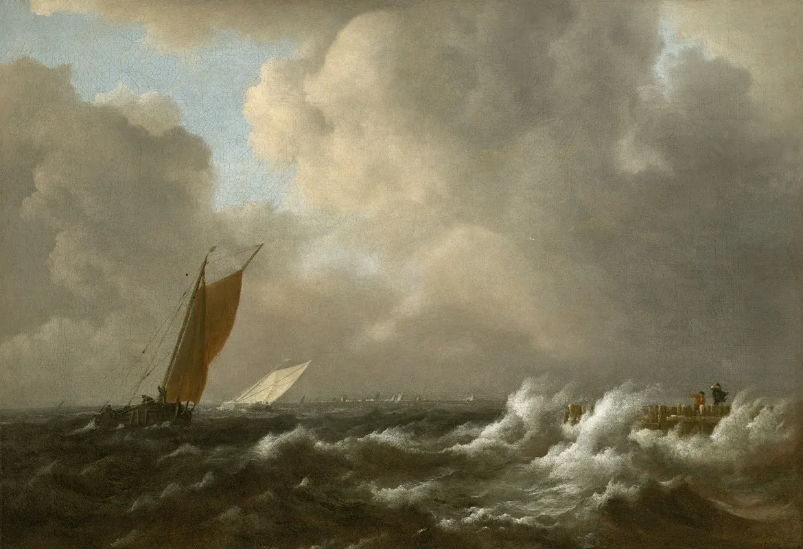 Sailing Vessels In A Stormy Sea With A Jetty To The Right