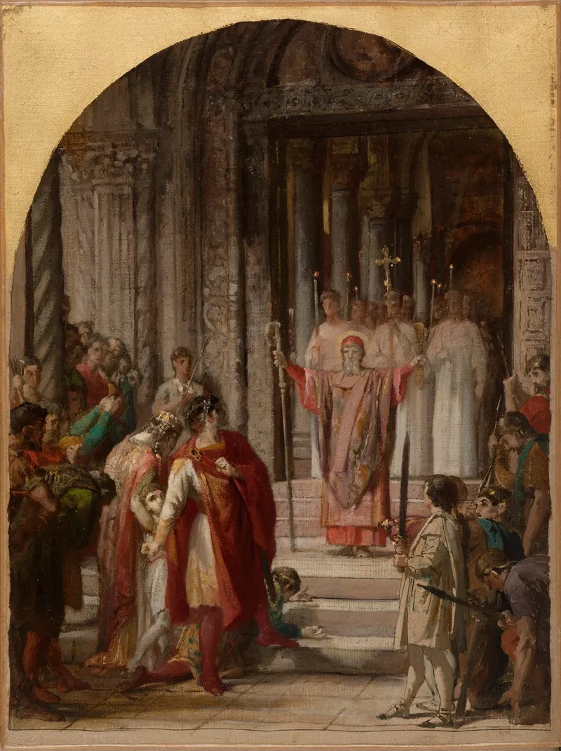 Saint Ambroise Interdit Lentree Du Lieu Saint A Lempereur Theodose Coupable Du Meurtre Des Habitants Dantioche