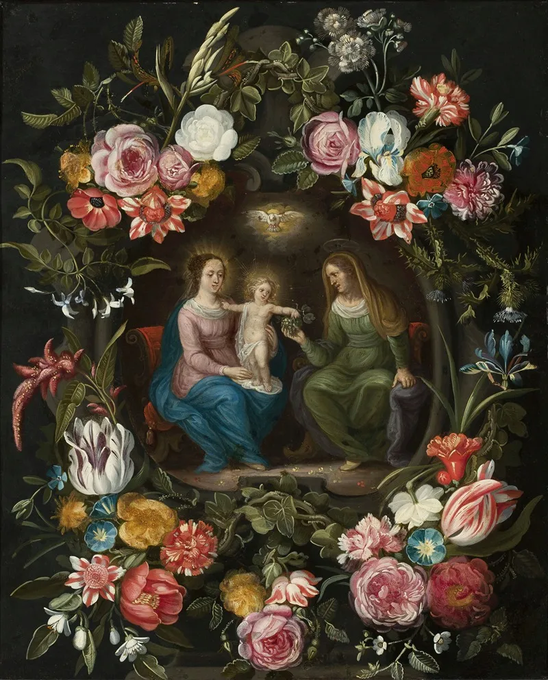 Saint Anne With The Virgin Mary And Child Jesus In A Circle Of Flowers