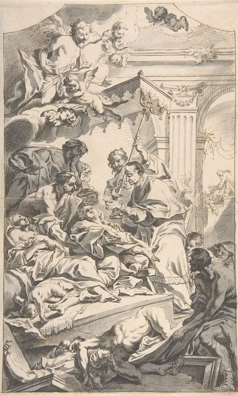 Saint Carl Borromaus Giving Extreme Unction To The Plague Stricken Wall Art by Johann Daniel Herz the Elder - High-Resolution Digital Print