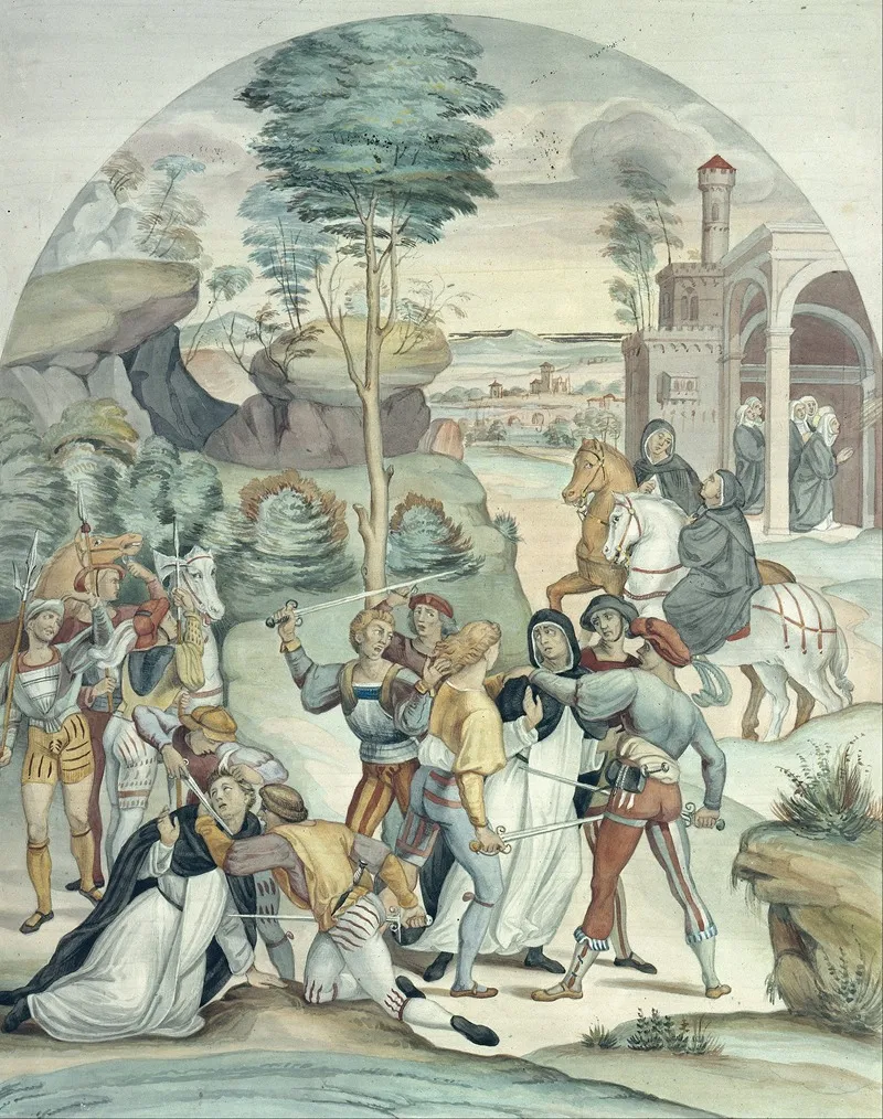 Saint Catherine Of Siena Rescues Two Dominicans From The Hands Of Robbers Wall Art by Johann Anton Ramboux - High-Resolution Digital Print