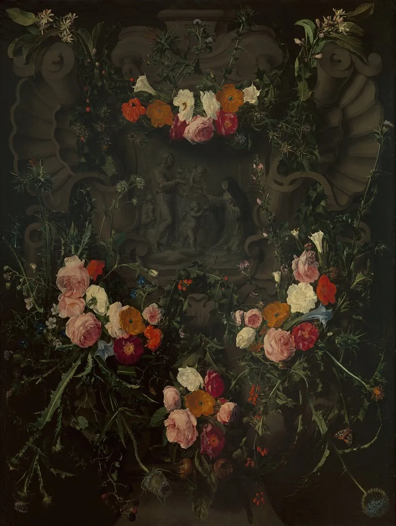 Saint Catherine Of Siena Surrounded By A Garland Of Flowers