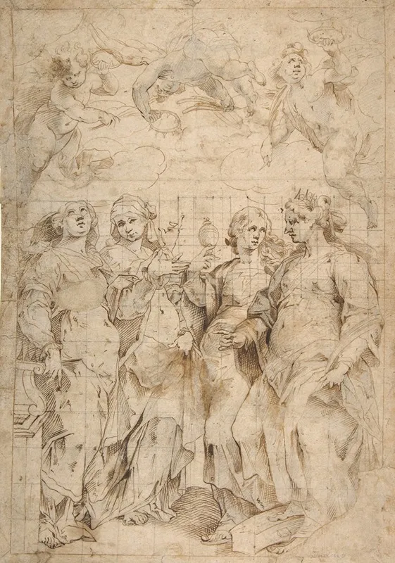 Saint Cecilia Saint Mary Magdalen Saint Catherine Of Alexandria And Saint Agnes Angels With Palm Branches And Crowns Above Wall Art by Panfilo Nuvolone - High-Resolution Digital Print