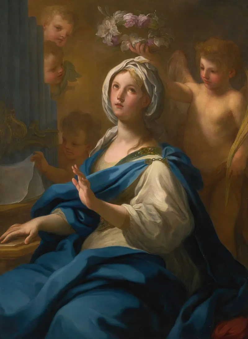 Saint Cecilia Seated At An Organ With Putti And An Angel Wall Art by Sebastiano Conca - High-Resolution Digital Print