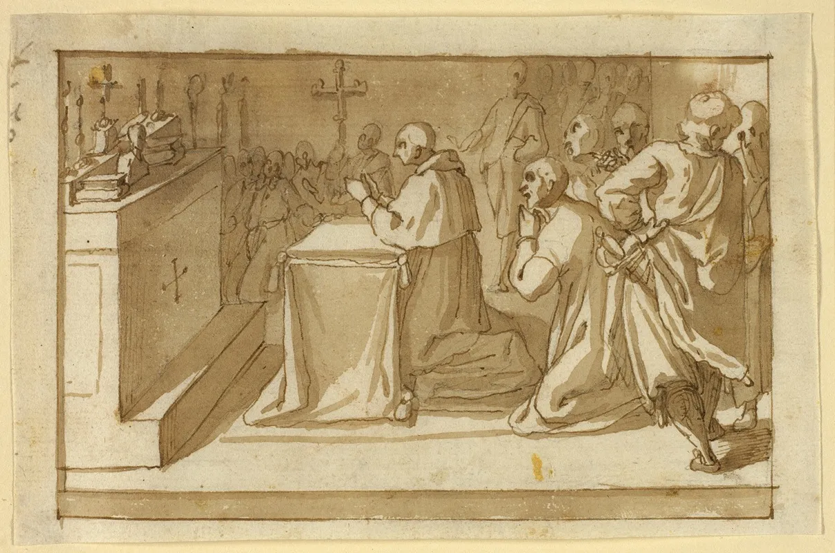 Saint Charles Borromeo Venerating The Relics Wall Art by Workshop of Cesare Nebbia - High-Resolution Digital Print