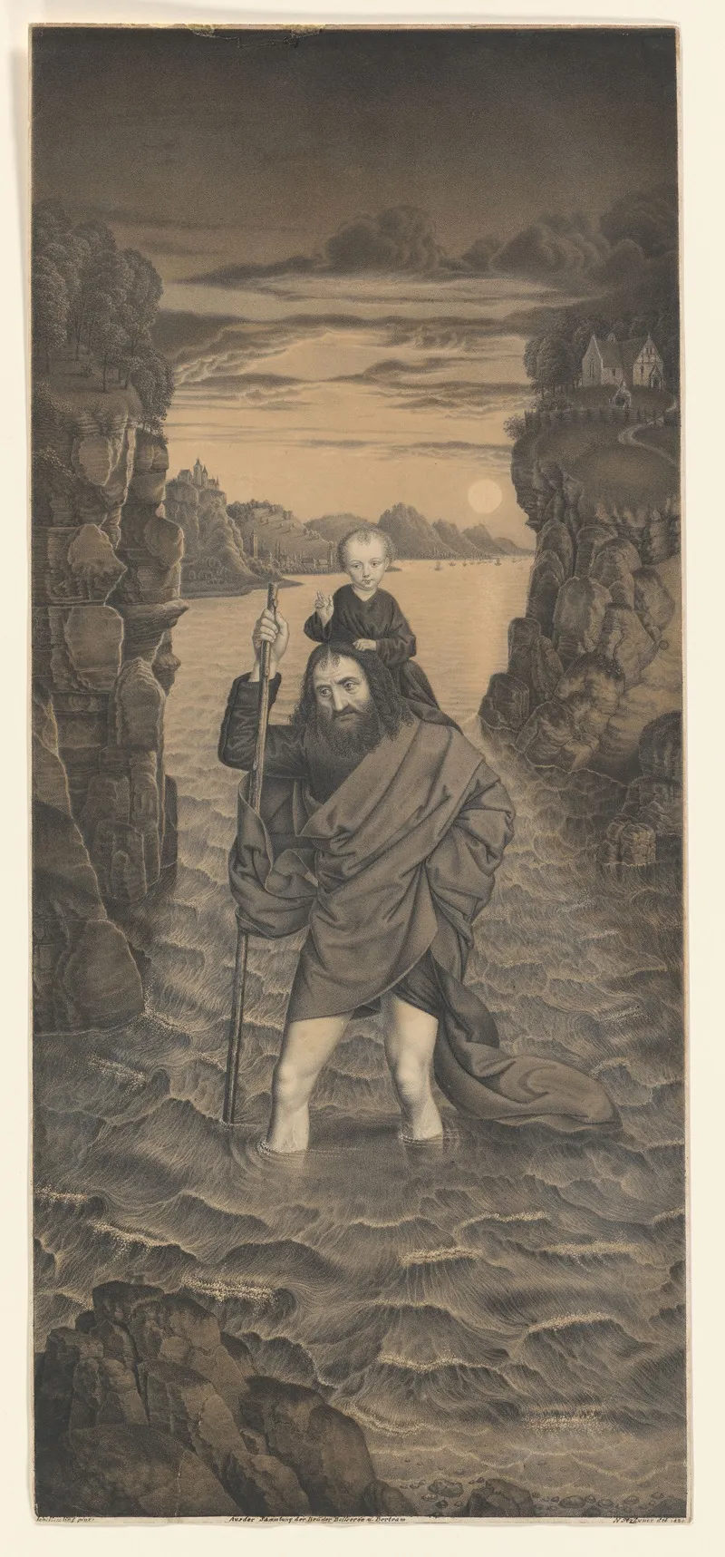 Saint Christopher Crosses A River With The Christ Child On His Shoulders Wall Art by Johann Nepomuk Strixner - High-Resolution Digital Print