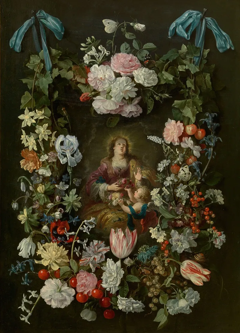 Saint Dorothea Surrounded By A Garland Of Flowers Wall Art by Philips de Marlier - High-Resolution Digital Print