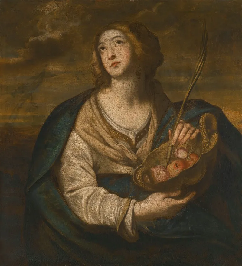 Saint Dorothy With A Basket Of Fruits And Flowers And A Palm Wall Art by Niccolò de Simone - High-Resolution Digital Print