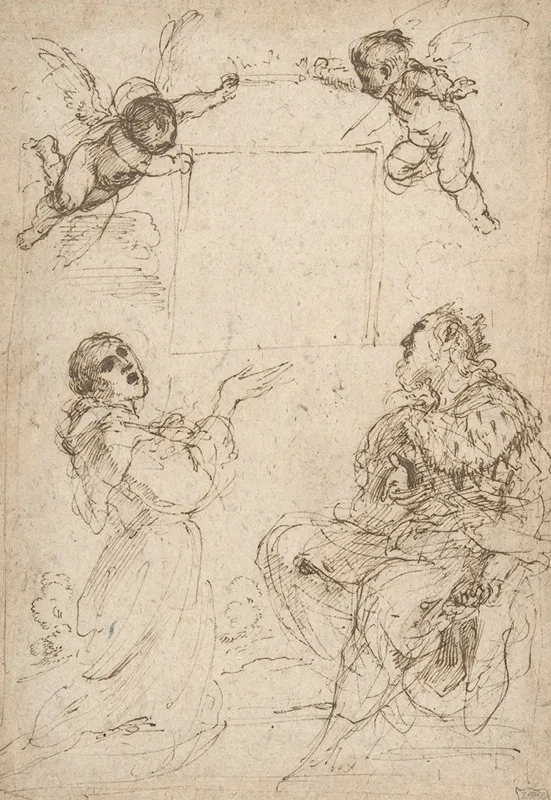 Saint Francis Of Assisi And Saint Louis Of France Venerating An Image Of The Virgin Wall Art by Guercino - High-Resolution Digital Print