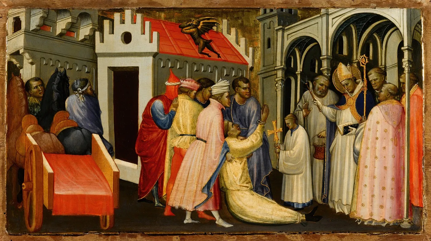 Saint Hugh Of Lincoln Exorcises A Man Possessed By The Devil Wall Art by Gherardo Starnina - High-Resolution Digital Print